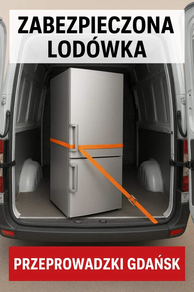 Zdjęcie przedstawia lodówkę zabezpieczoną pasami transportowymi w samochodzie dostawczym. Firma Przeprowadzki Gdańsk oferuje bezpieczny transport sprzętu AGD, mebli i wyposażenia domowego na terenie Trójmiasta.
